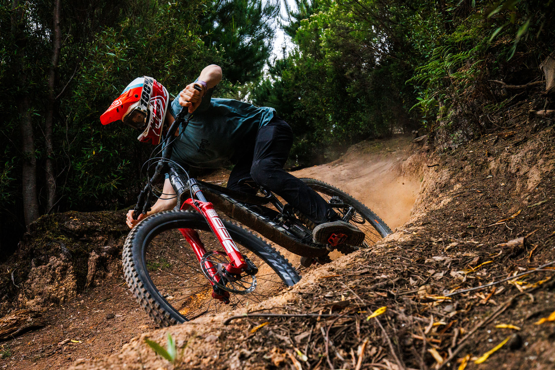 Enduro Mountain Bike rider riding a Giant hire bike on a berm on a flow trail in Australia - Maydena Bike Park