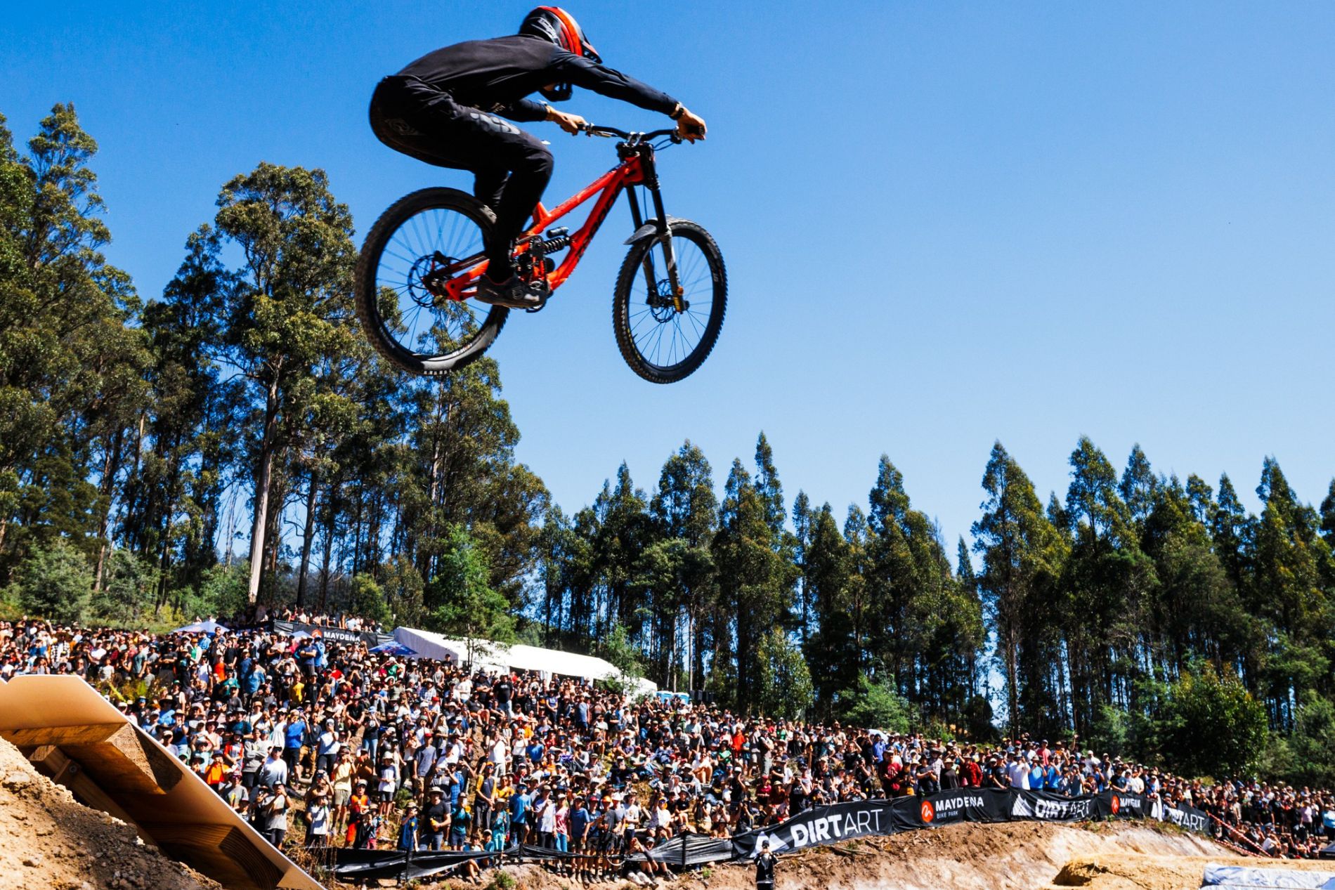Mountain bike rider jumping in air with large crowd below